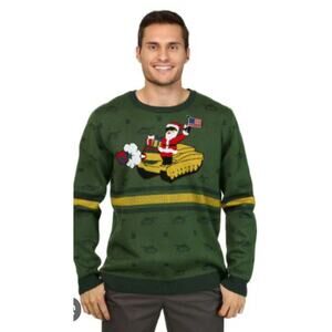 M1091) Santa on Tank Wool Blend  Knit Pullover Ugly Sweater Military Large